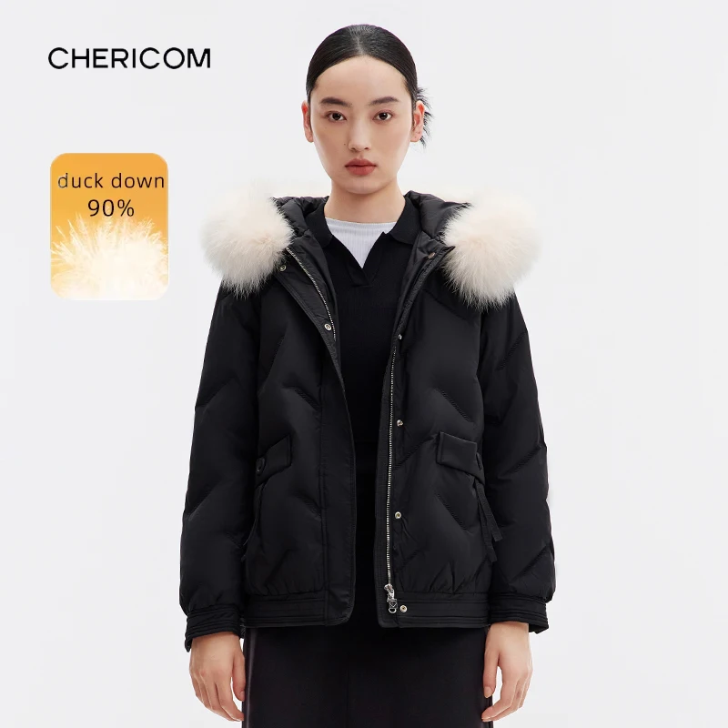 Chericom Damen-Daunenjacke mit Kapuze, weißes Fuchspelz, neue mehrere Taschen, Reißverschluss-Design, weiblich, warme Polsterung, Puffermantel, Y289205B