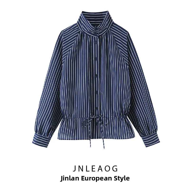 Fashionable Striped Stand Collar Shirt for Women Autumn New Arrival JNLEAOG Polyester Long Sleeve Regular Fit European Style