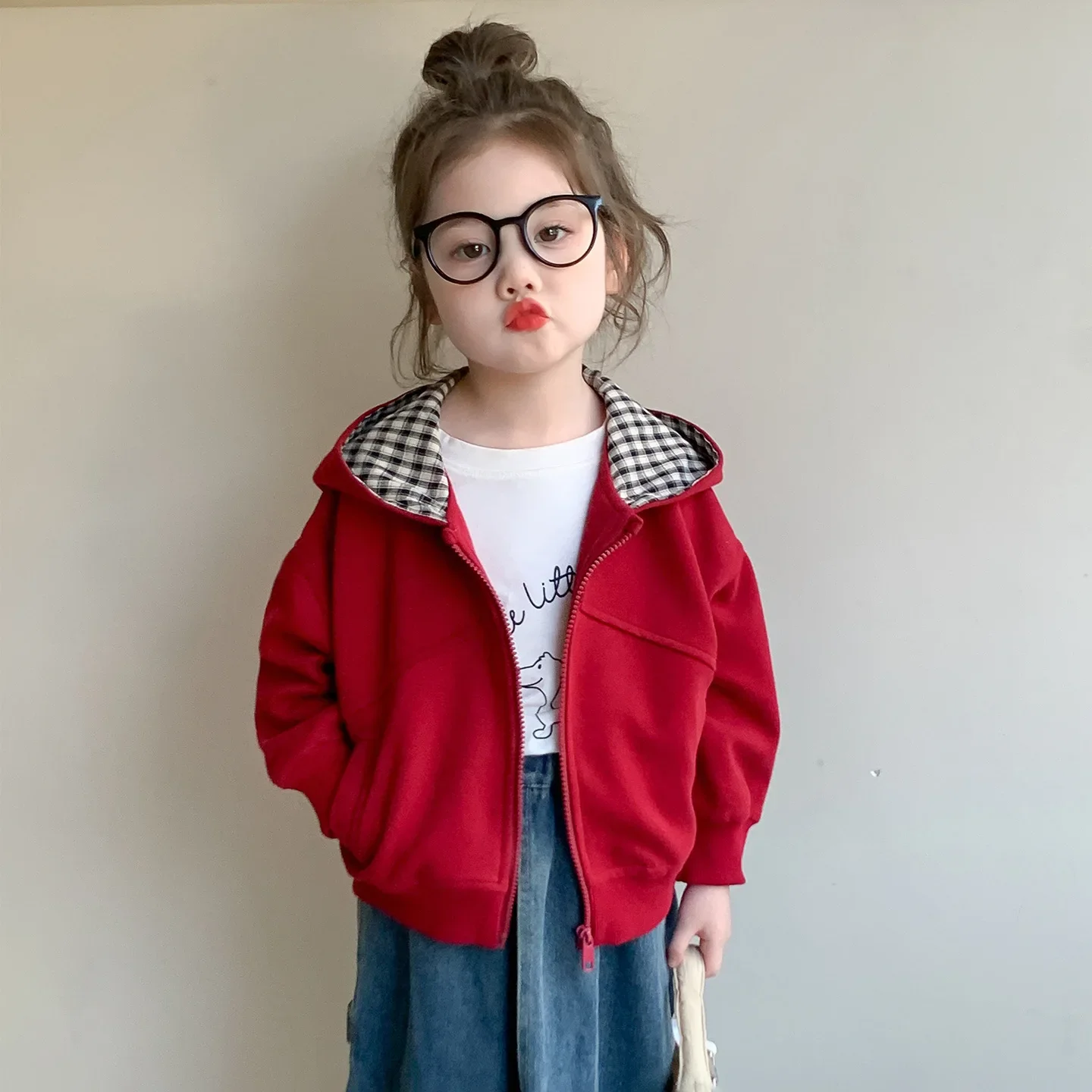 Girls Coat 2026 Spring And Autumn New Childrens Clothing Girl Baby Foreign Gas Plaid Hat Lined Hoodie Casual Simple Daily