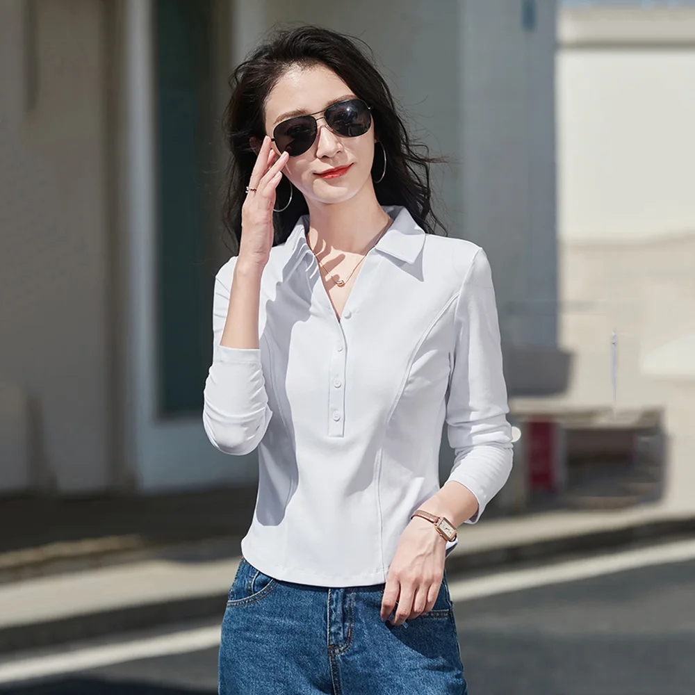 

New Women Spring Autumn Short T-shirt Fashion Polo V-Neck Long Sleeve Short Tees Simplicity Casual Slim Cotton T-shirt