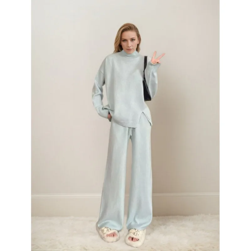 New Autumn and Winter Side Slit Knitted Women's Long Sleeved Pullover+straight Leg Pants Nanyou Original High-end Two-piece Set