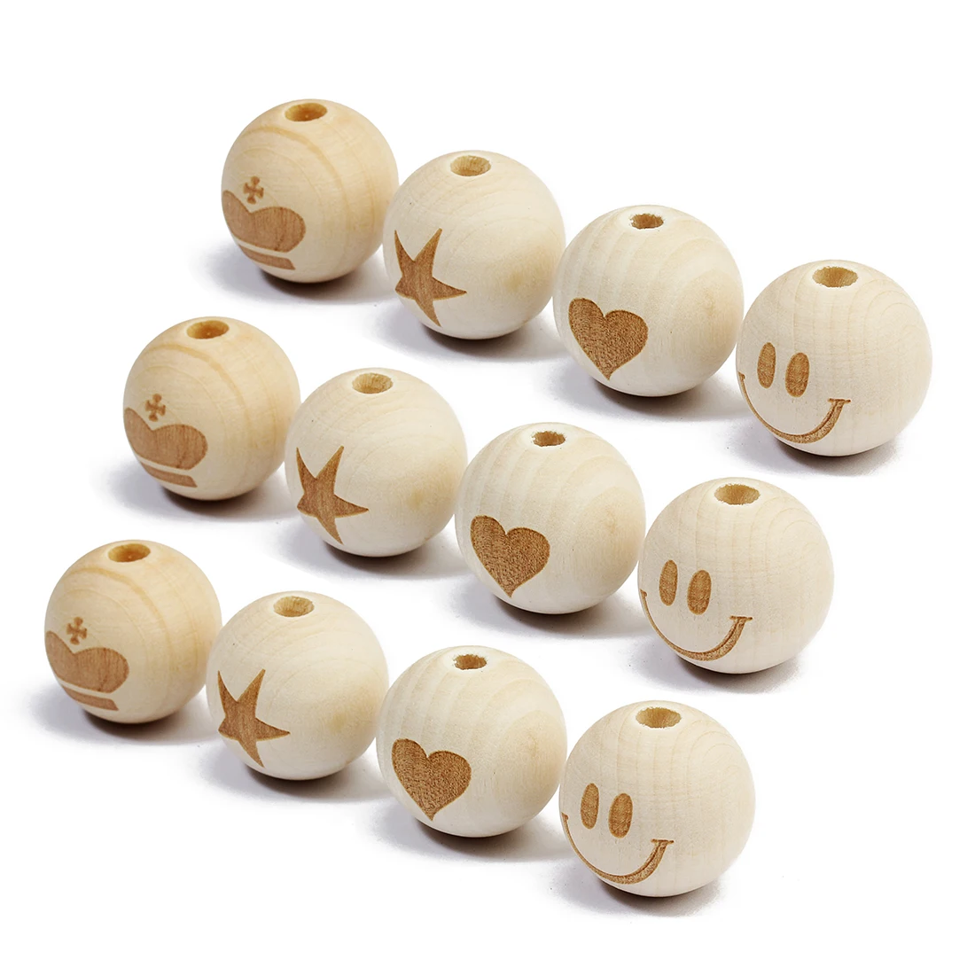 20pcs Natural Smile Face Heart Crown Ball Wood Beads Wooden Doll Loose Beads for DIY Craft Jewelry Bracelet Necklace Making