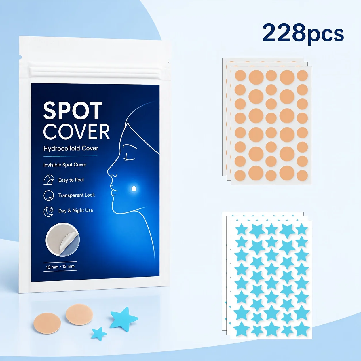 228PCS Hydrocolloid Pimple Patches, Skin Tone Round & Blue Star Blemish Cover Stickers for Men Women