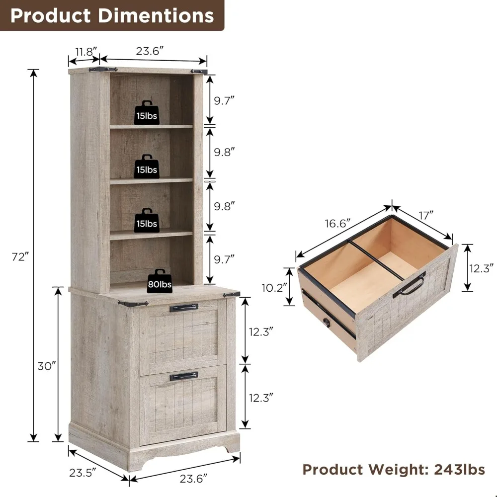 Estante rústica estilo fazenda de 72 polegadas de altura com 2 gavetas e prateleiras ajustáveis