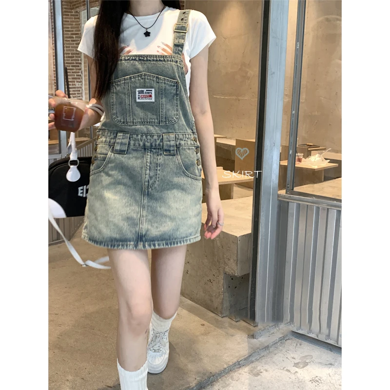 

Summer Denim Overalls Dress Women Patch Pockets Sleeveless Skirt Casual Fashion Suspenders Slim Jean Short Dresses