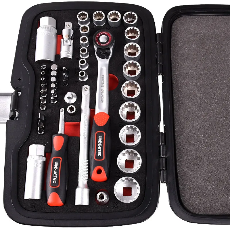 3/8 Inch Spark Plug Socket and Ratchet Wrench Set, 45 Piece Twelve Point Socket Tool Kit, Chrome Vanadium Steel Automotive