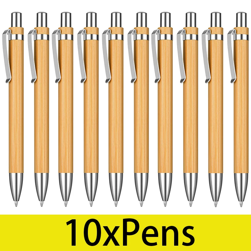 10Pcs Bamboo Pens Wooden Retractable Ballpoint Pen Black Ink 1.0mm Sustainable Writing Eco-Friendly Office School Supplies