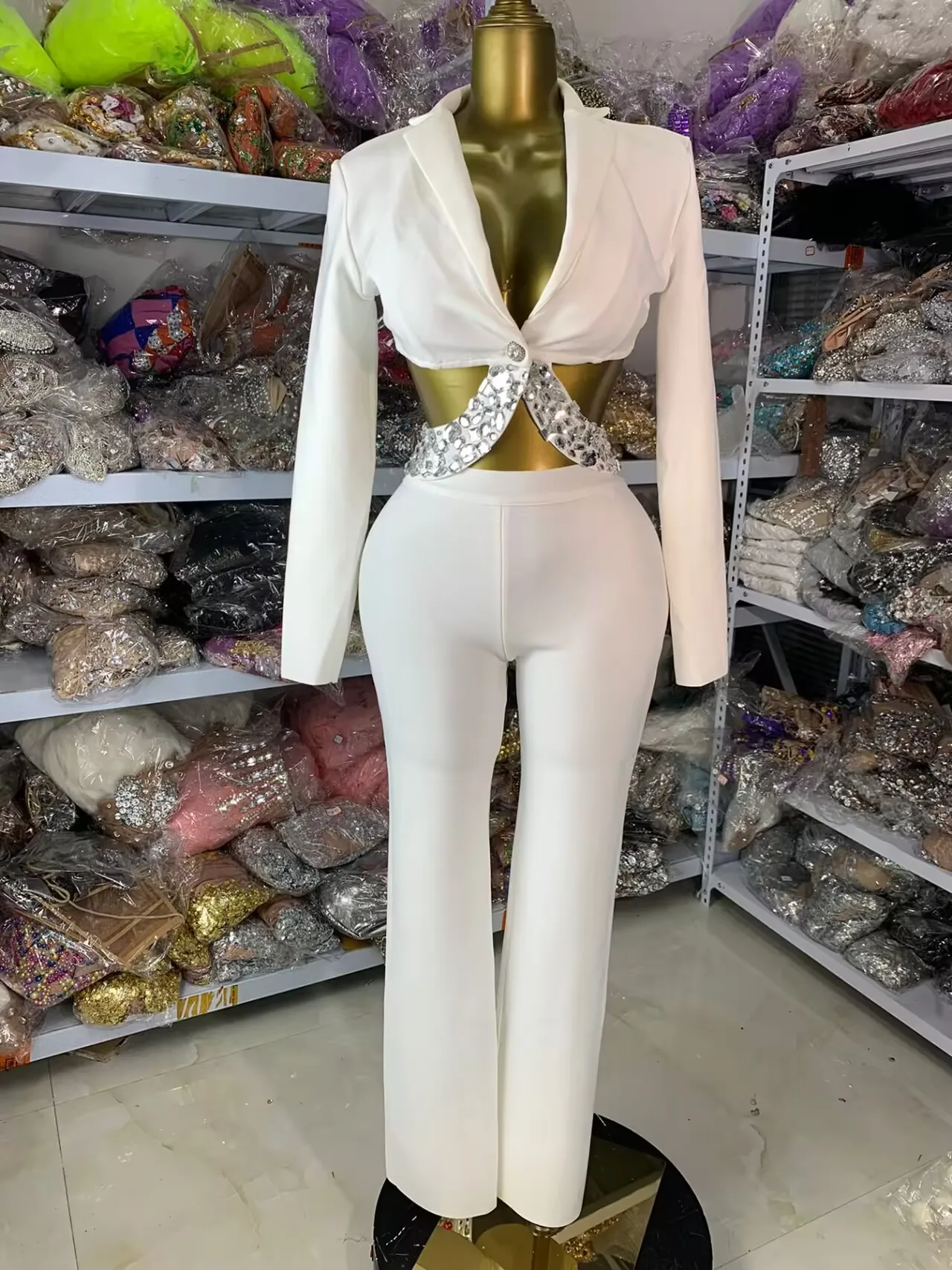 

Factory Sale Women Bandage Outfit Long Sleeve Cut Out Diamonds Strape Top And Pants 2 Piece Set High Street Evening Party Outfit