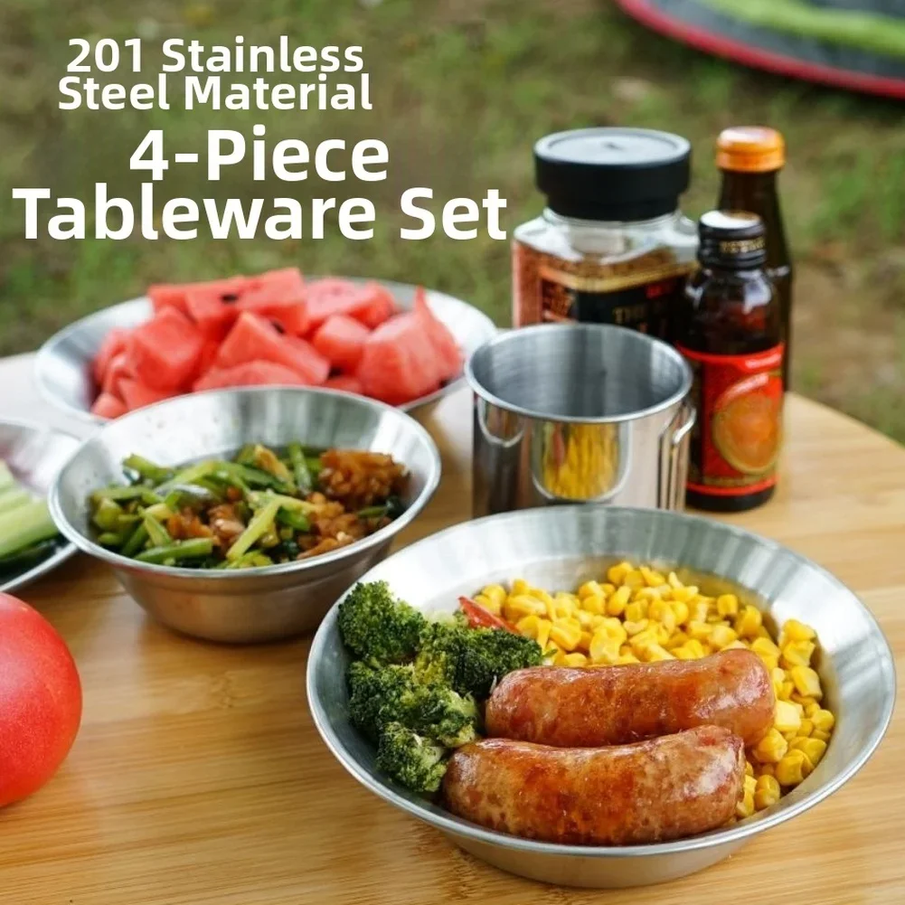 

4pcs/set Camping Dinnerware Stainless Steel Plate Bowl And Dish For BBQ Camping Outdoor Kitchen Tableware Accessories
