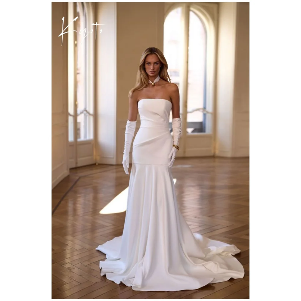

Kyoto Customized Sheath Pleated Mermaid Gorgeous Wedding Dress Strapless With Gloves فستان زفافZip Back Long TrainAbito da sposa