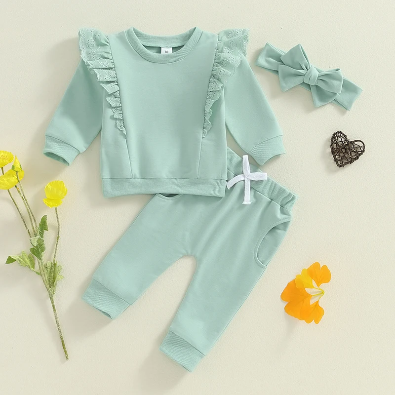 2024-05-22 Lioraitiin Baby Girl 2Pcs Fall Outfits Long Sleeve Lace Patchwork Pullover Tops + Pants Set Toddler Clothes