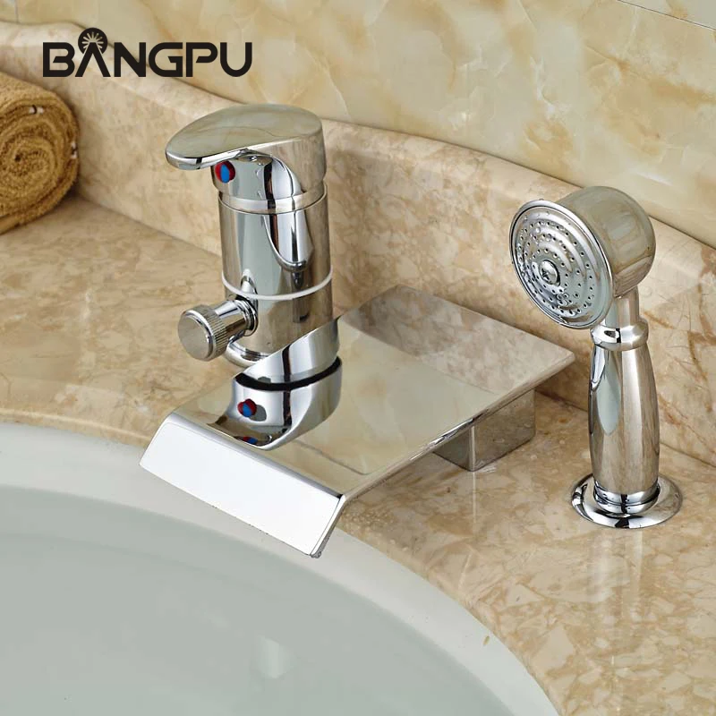 

Chrome Roman Tub Faucets Set with Hand Shower Deck Mount Bathtub Faucet Set Three Hole Waterfall Tub Faucet with Handheld Shower
