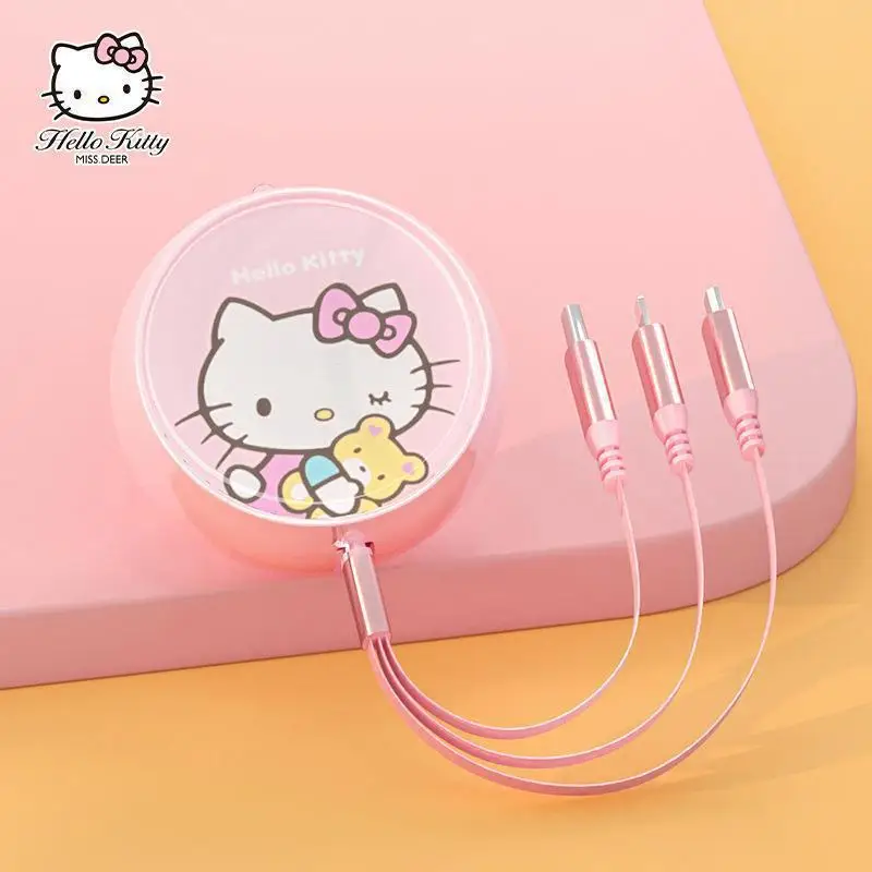 Sanrio Hello Kitty 3-in-1 Fast Charging Retractable Charger for Car, Suitable for Android and Apple Universal Data Cable