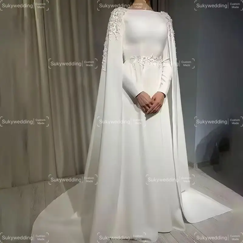 New Muslim Wedding Dresses for Bride With Lace Cape A Line Long Sleeves Appliques Moroccan Caftan Bridal Gowns Robe De Mariée