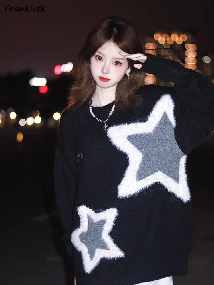 Geometric Sweaters Women American Style Retro High Street O-neck Irregular Knitwear Hip Hop Daily All-match Hotsweet Prevalent