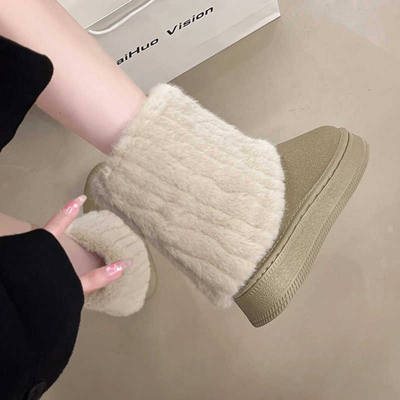 Multi Colored Womens Plush Mid Heeled Boots with Round Toe and Sleeve Winter Anti Slip and Warm Surface Snow Boots De Mujer