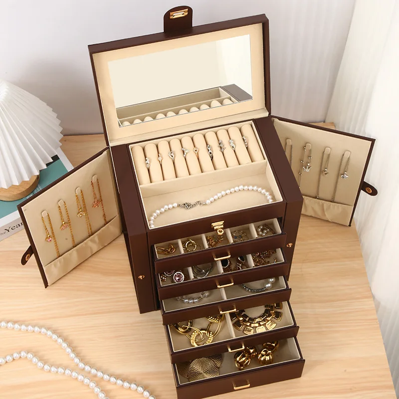 PU Leather Jewelry Box Luxury Large Capacity Display Boxes Necklace Earrings Bracelet Storage Case with Mirror Jewellery Boxes