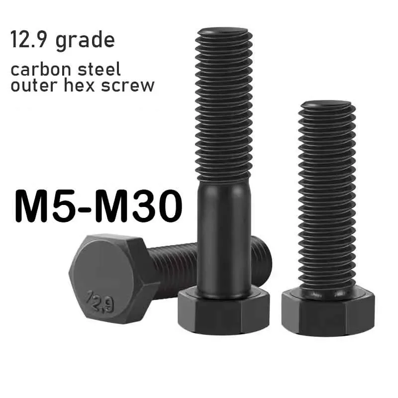 20pcs 12.9 Grade Carbon Steel Outer Hexagonal Screws High Strength Bolt Full Tooth Screws Stud M5 M6 M8 M10 M12 M14 M16 M18-M20