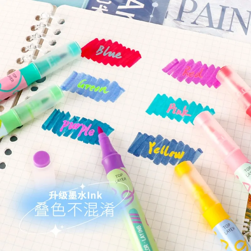 Imagem -05 - Double-ended Magic Color Highlighter Pen Grupo Empilhamento de Cores Artigos de Papelaria Estética Itens Escolares Color Markers Pcs