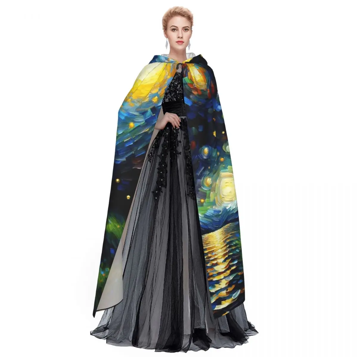 Starry Night Bernese Mountain Dog Van Gogh Lover Long Hooded Cloak Witch Medieval Costume Cosplay Cape HalloweenParty Adult - view 2