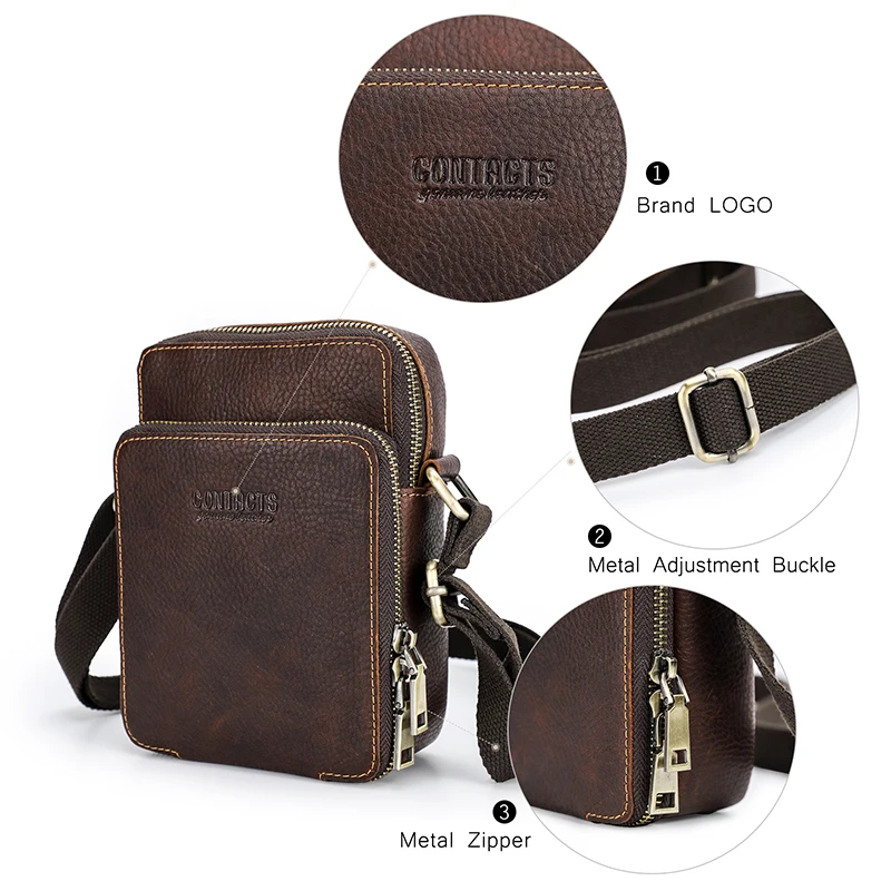 Genuine Leather Men Small Shoulder Bag Vintage Crossbody Messenger Bags Zipper Travel Sling Pack Cellphone Pouch Mini Handbag