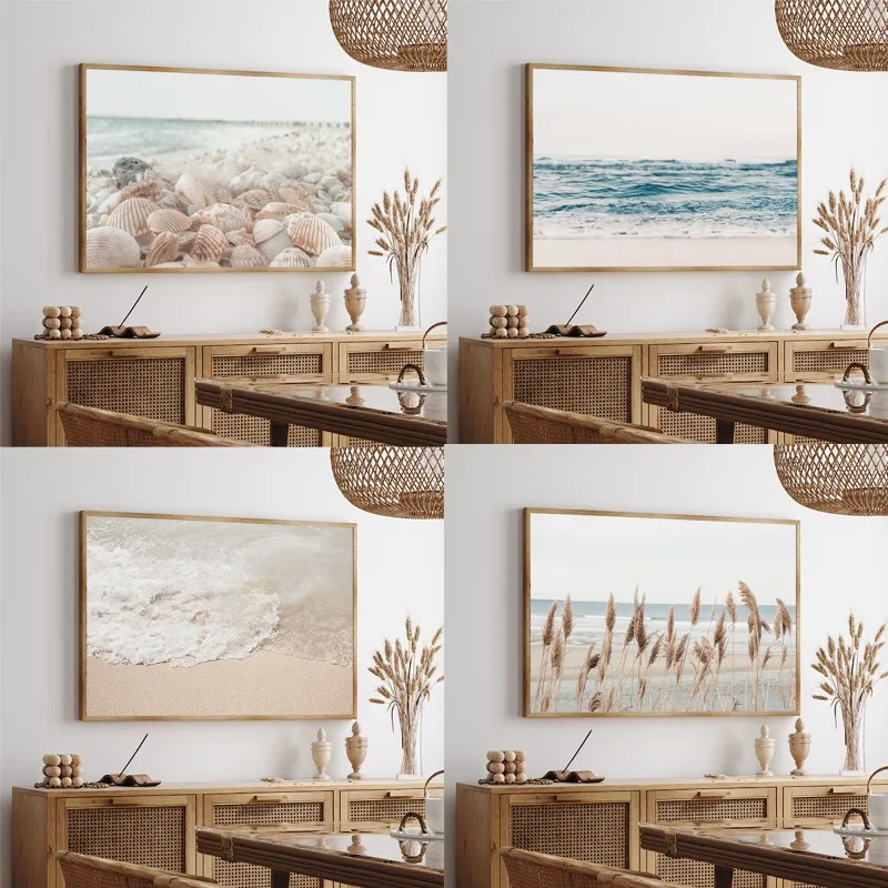 1pc frameless Canvas Painting Seashell Beach Soft Blue Ocean Grass Minimal Coastal Poster Canvas Painting Print Neutral  Wall Ar