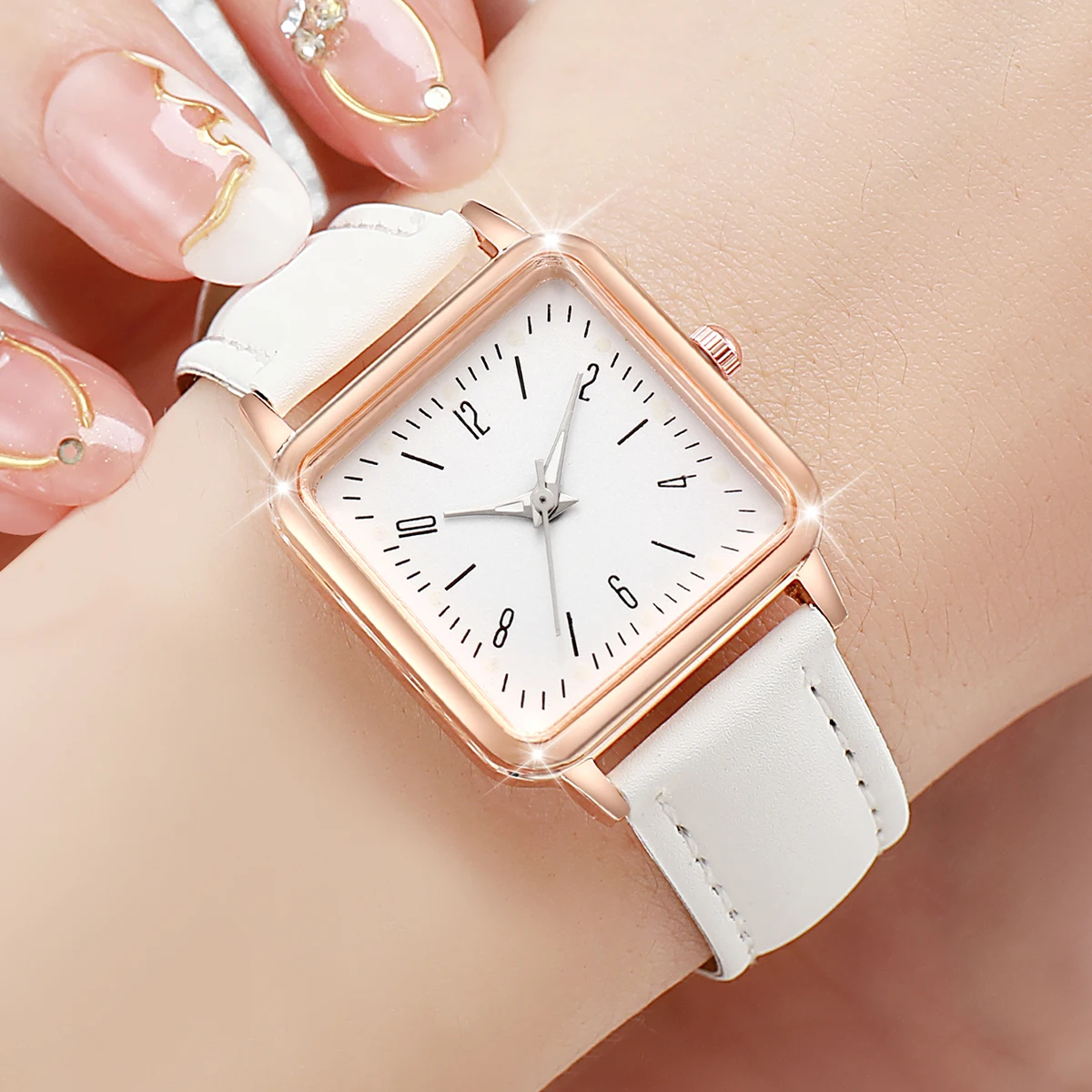 3PCs/Set Women\'s Fashion Watch Square Simple Dial Leather Quartz Watch Set