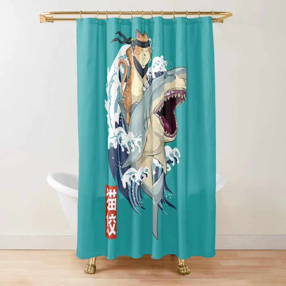 

Retro Japanese Samurai Cat Shark Vintage Kanagawa Shower Curtain Waterproof Bathroom Shower Set For Bathroom Curtain