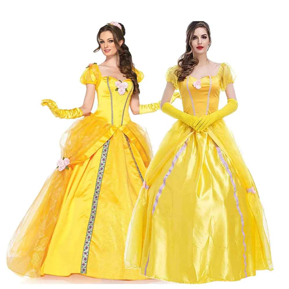 

Adult Yellow Beauty And The Beast Princess Belle Costume Halloween Cosplay Masquerade Sexy Bell Court Queen Role Playing Dress