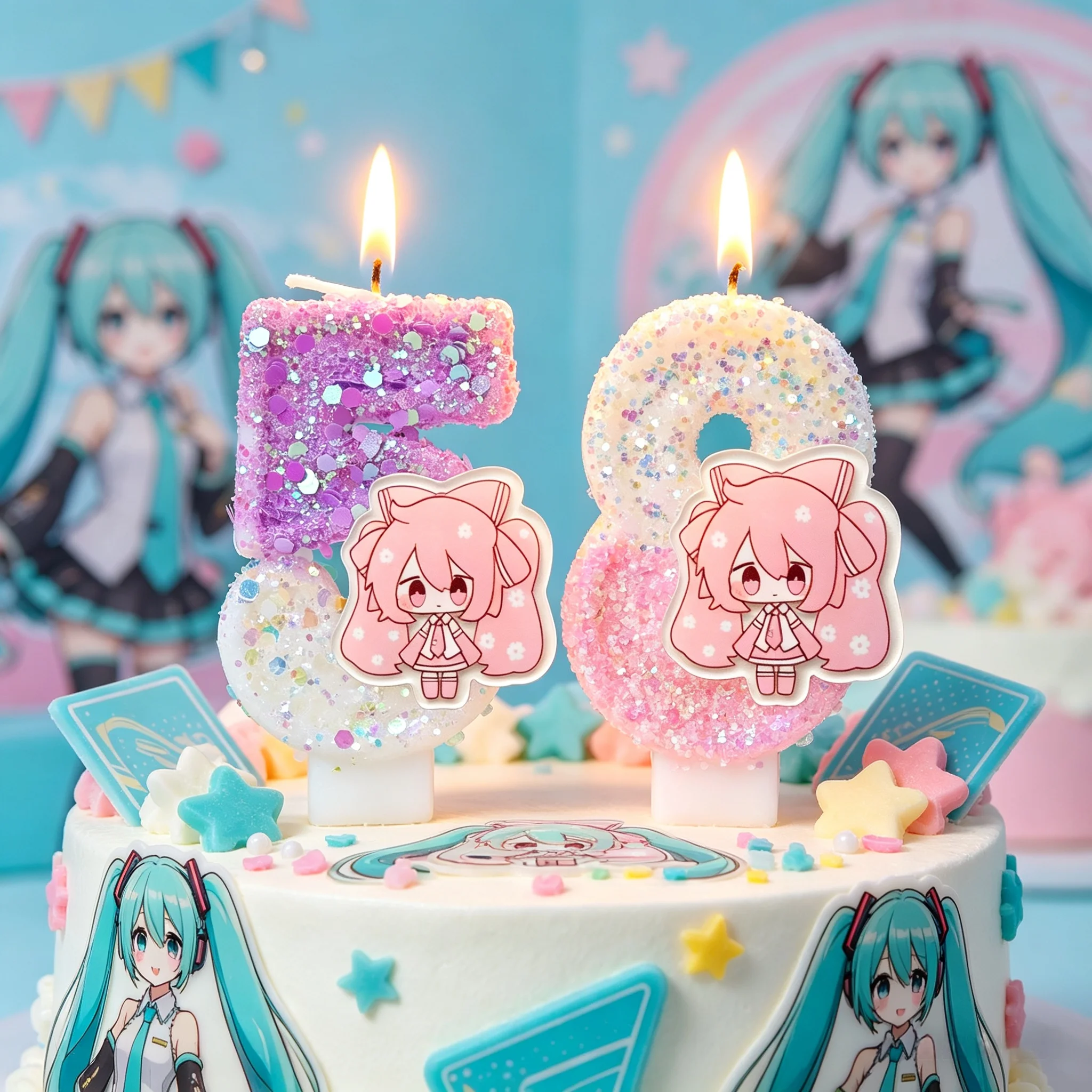 Niedliche Hatsune Miku Themen-Geburtstagskerzen-Set Kuchendekoration Partyzubehör Anime-Figur-Stil Geburtstagstortenkerzen für Feierlichkeiten
