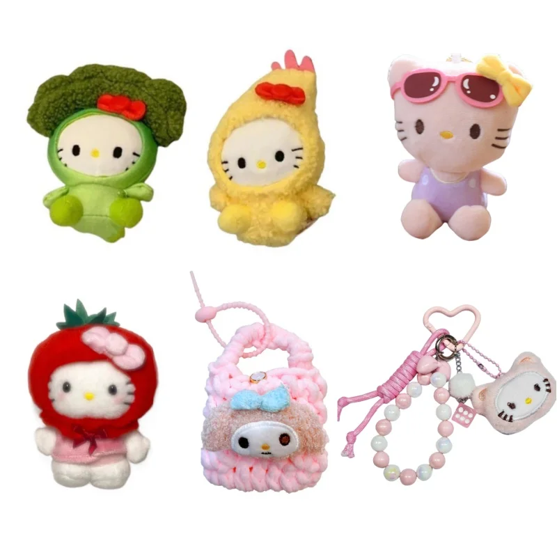 Sanrio Kawaii Hello Kitty Bag Pendant Cute Stuffed Keychain Anime Cartoon Broccoli KT Doll Car Keyring Plush Toy Girl Gifts