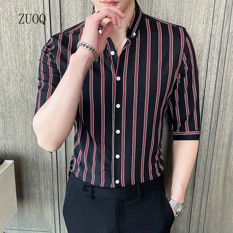 New 2025 Summer New Slim Fit short Sleeve Men Striped Shirt Korean Fashion Button Up Harajuku Blouse Man