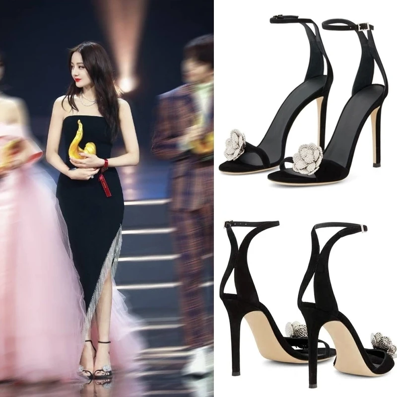 2024 Summer New One line Slim Heel Diamond Rose High Heel Shoes Celebrity Same Heel Sandals for Women