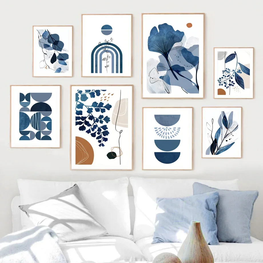 Leaves Fold into Triangles – Bohemian Blue Geometric Abstract Frameless Canvas Poster for Living Room Bedroom Home Decorative