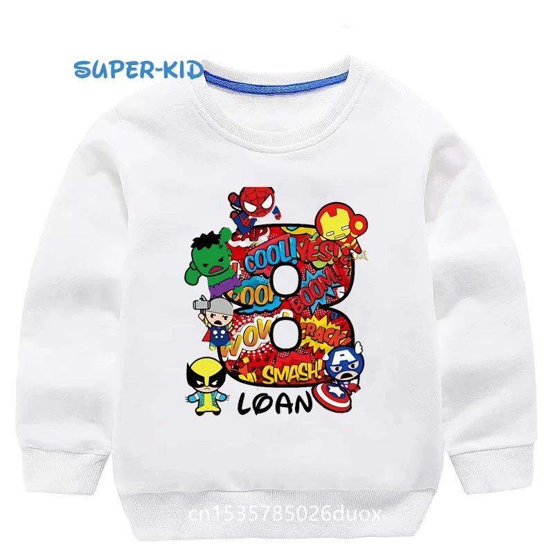 Kid 2 3 4 5 6 7 8 Marvel SuperHero Birthday Girl Hoodies SpiderMan Hulk Captain America Iron Man Customized Name Boy Sweatshirt