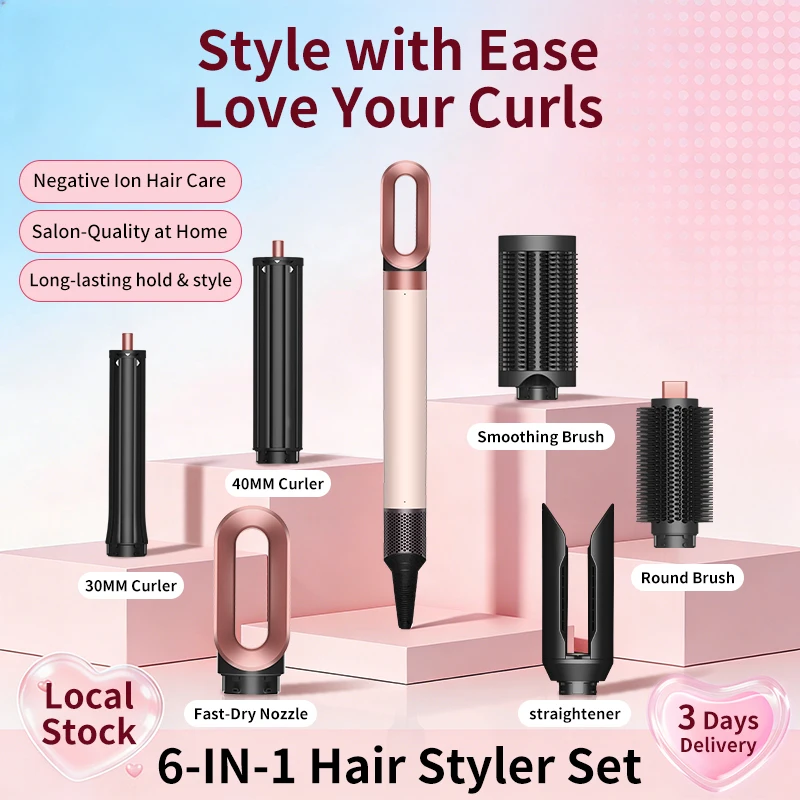 Sèche-cheveux et brosse coiffante 6-en-1 avec boucles auto-formées (gauche/droite), séchage rapide, anti-frisottis, volumisant – Coffret cadeau