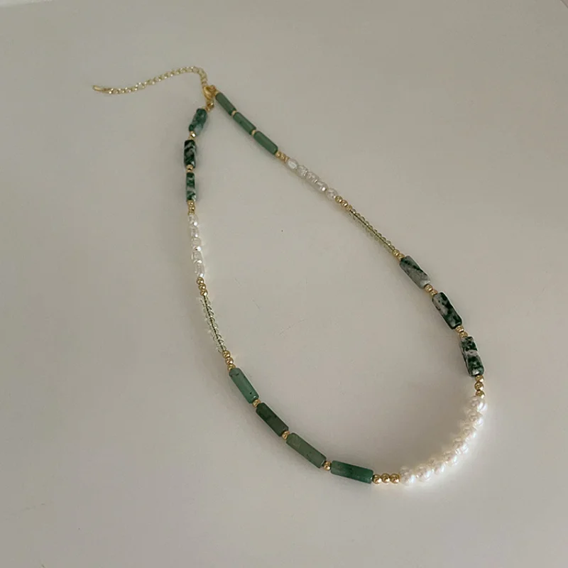 ALLNEWME Retro Green Natural Stone Strand Beaded Necklace Crystal Imitation Pearl Chokers Necklaces for Women Casual Jewelry