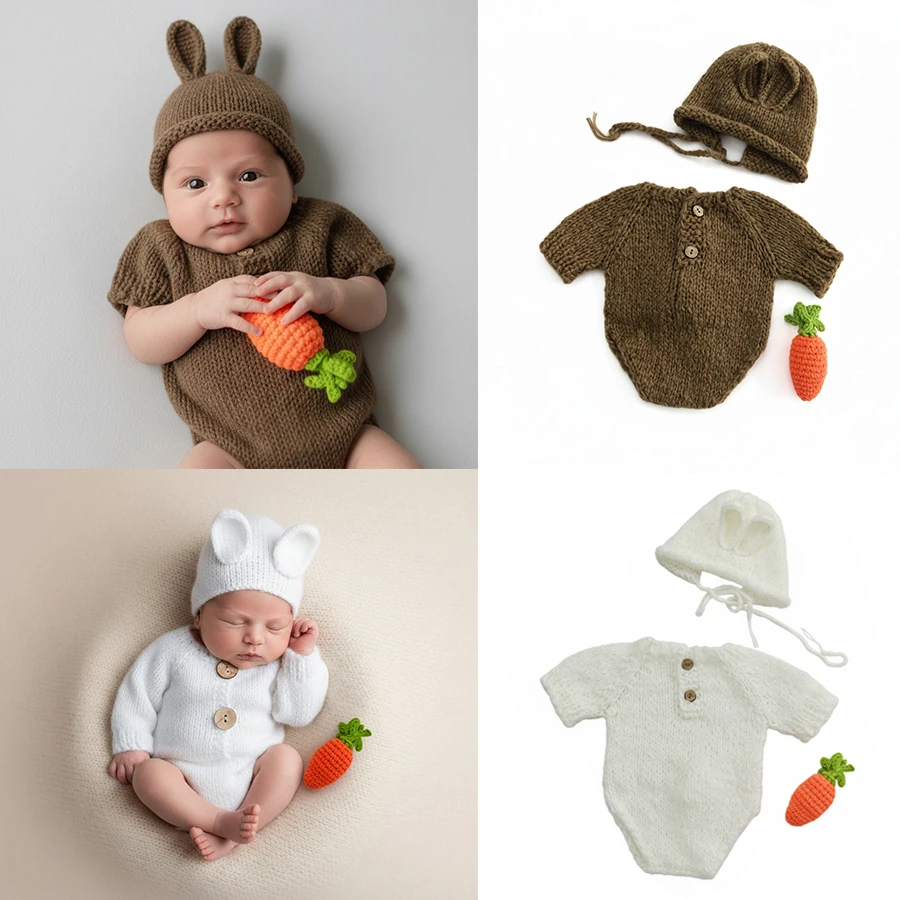 

3pcs/Set Newborn Photography Props Soft Knitted Bunny Romper with Carrot Baby Photoshoot Outfits Rabbit Shorts Photo Accessories