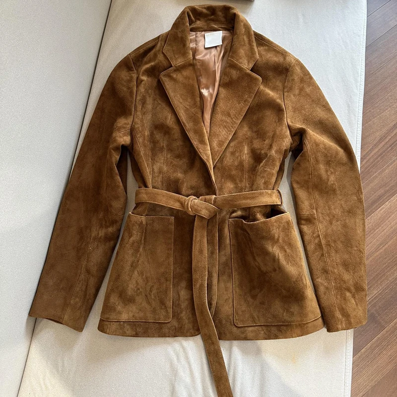 2026 Fall Genuine Leather Jacket Coats Retro Casual Imported A-level Suede Goatskin Women Lace-up Belt Slim Sheepskin Jackets