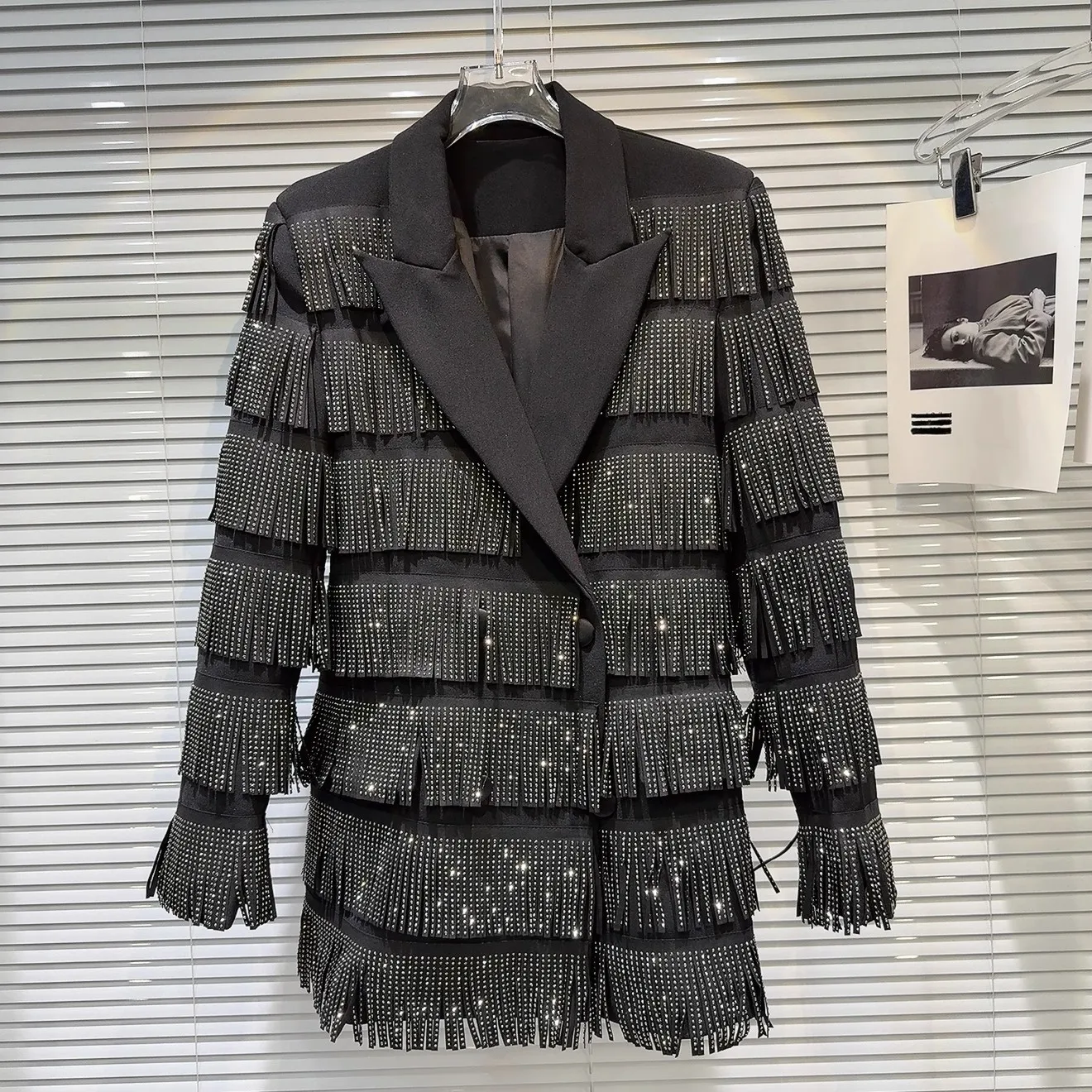 

Lucxury Diamond Tassel Design Heavy Industry Shoulder Pad Suit Nightclub Bar Female Singer Dance Stage Runway Party Club Coat