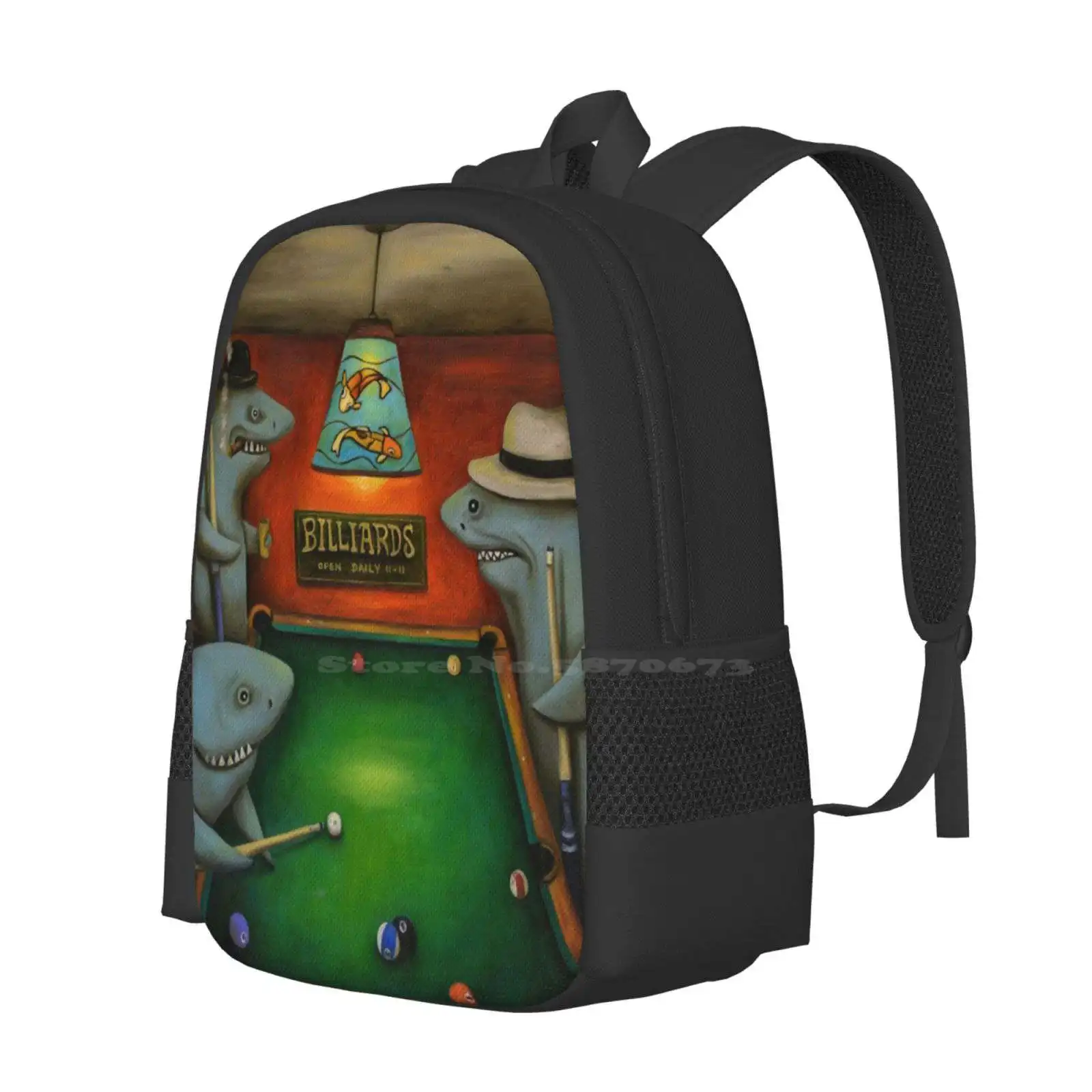 Pool Sharks Hot Sale Schoolbag Backpack Fashion Bags Sharks Billiards Game Gambling Humor Cigar Smoking Koi Goldfish Stained image 2