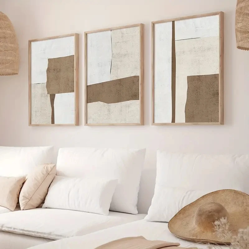 Wall Arts Canvas Poster 3 Pcs/Set Modern Brown Beige Abstract Mural, Minimalist Shape Poster, Living Room, Bedroom, Office Home