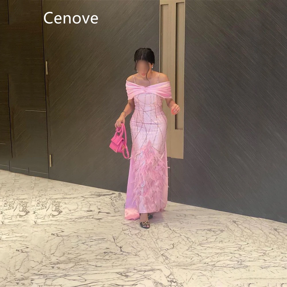 

Cenove Pink Off-the-shoulder Neckline Prom Dress Feather With Embroidery Evening Summer Elegant Party Dress For Women 2023