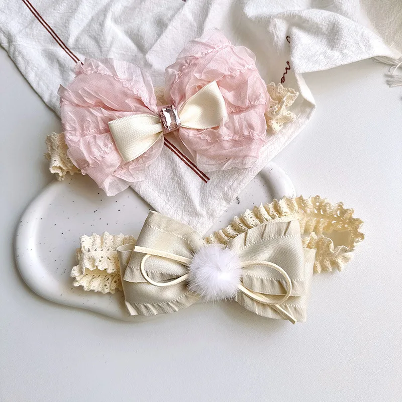 

Розовые повязки на голову для девочек с цветами, кружевные банты, корона, детские аксессуары для волос, мягкие эластичные повязки для новорожденных, реквизит для фотосессий