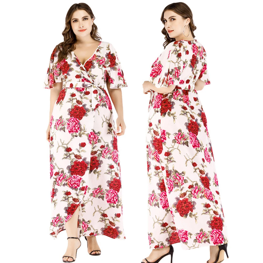 

6XL Women's Confortable Dresses Loose White Floral Print Elegant Chubby Female Big Size Outdoor Clothes Ladies Summer Long Dress