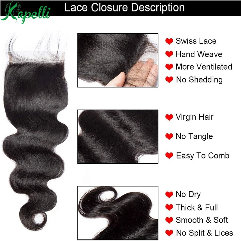 Tissage en Lot Brésilien Naturel Remy Body Wave avec Closure Extension de Cheveux, 4x4, 3/4