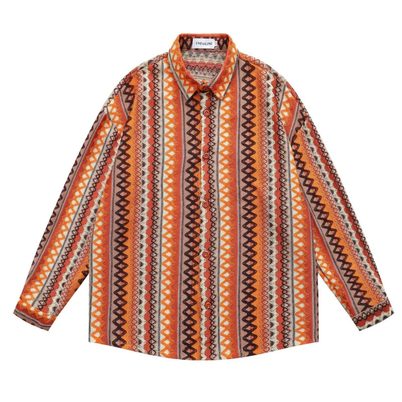 2025 autumn new ethnic style hollow out long sleeved shirt for men and women, retro niche design, loose fitting shirt jacket