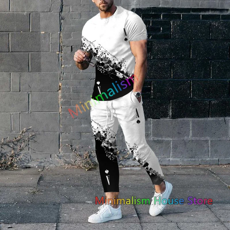 Poker J 3D Print Men Tracksuit Set Jogger Odzież męska Casual Suit Koszulki z krótkim rękawem + Spodnie 2-częściowe Stroje Streetwear