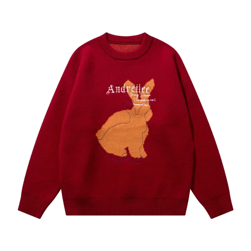 China Fashion Red Rabbit Men's Sweater Printed Round Neck Casual Pullover Couples Dress Autumn Winter Knitted MenWomen Wear