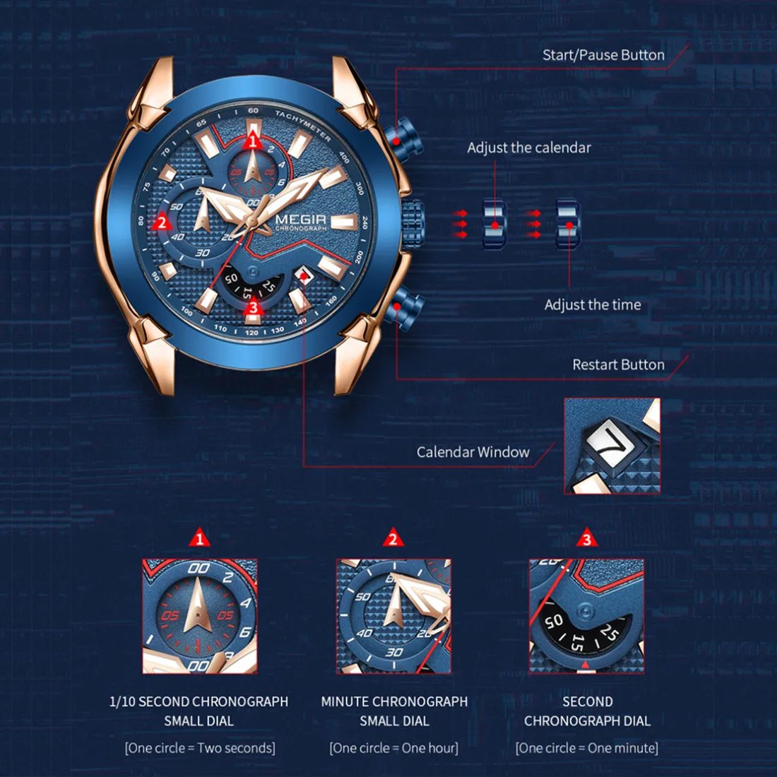 MEGIR موضة ساعات رجالية الأعمال كرونوغراف الفولاذ المقاوم للصدأ كوارتز ساعة اليد مقاوم للماء ساعة التقويم Reloj Hombre 2065